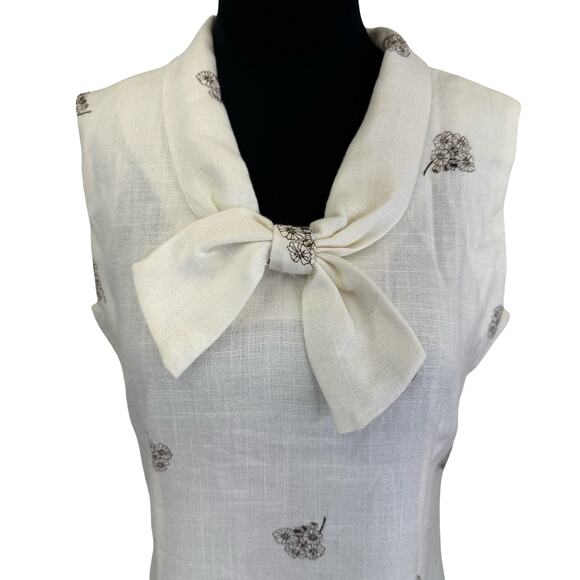 Vintage 1970s Linen Bow Collar Dress with Brown Floral Print – Size M - Picture 3 of 16